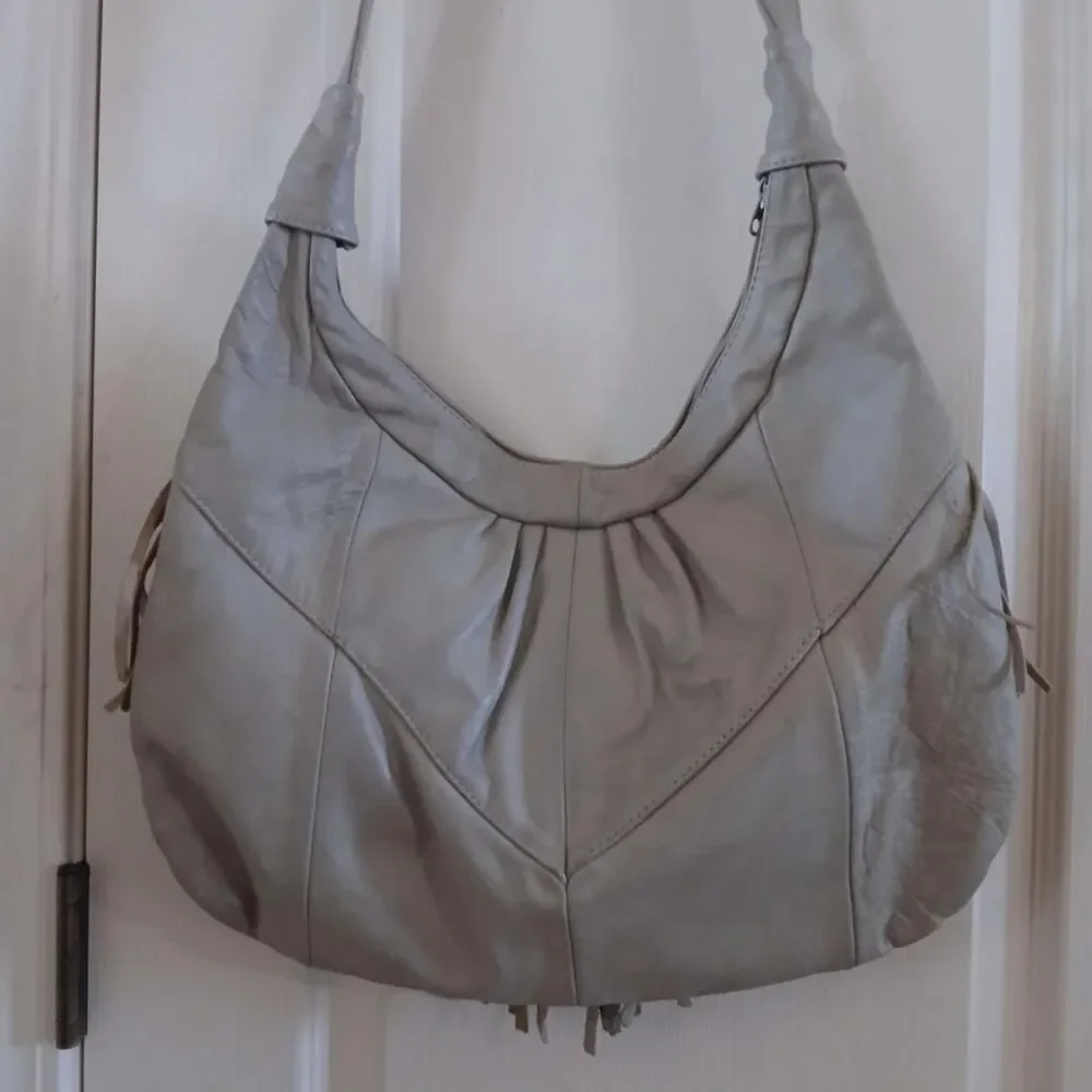 Vintage Genuine Leather Fringe Hobo Bag Taupe Grey Boho Western Slouchy Purse